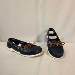 Crocs Beach Line Hybrid Boat Shoe Slip On Flats Navy Deck Dock Nautical Womens 6
